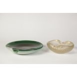 TWO PIECES OF SEGUSO, MURANO GLASS, COMPRISING; AN EMERALD GREEN PULEGOSO FOLDED SHALLOW BOWL, 1 3/