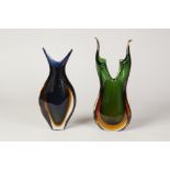 TWO SEGUSO, MURANO SOMMERSO GLASS FORKED VASES, one in blue and amber, 8 3/4" (22.2cm) high, the