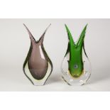 TWO SEGUSO, MURANO SOMMERSO GLASS FORKED VASES, comprising; ONE OF TWO HANDLED FORM in green and