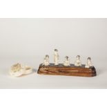 A SUITE OF FIVE SMALL EARLY 20TH CENTURY JAPANESE CARVED IVORY FIGURES OF GEISHAS seated playing