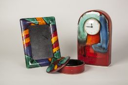 THREE PIECES OF MODERN POOLE POTTERY, COMPRISING; Gemstones pattern MANTEL CLOCK, 8 3/4" (22.2cm)