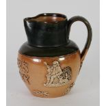 ROYAL DOULTON FOUR DEWAR'S WHISKY STONE GLAZED POTTERY ADVERTISING JUG, of baluster form with scroll