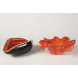 TWO BARBINI, MURANO ORANGE CASED GLASS BOWLS, COMPRISING; one of flared form with petal shaped