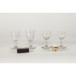 TWO PAIRS OF VICTORIAN OF ETCHED STEM WINE GLASSES, also a papier mache snuff box as a tiny