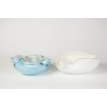 TWO ALFREDO BARBINI, MURANO SUMMERSO GLASS BOWLS, COMPRISING; blue and white TENT BOWL of shaped