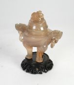 ORIENTAL CARVED ROCK CRYSTAL TWO HANDLED KORO AND COVER of typical form with lion mask captive