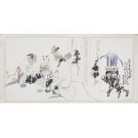 AN EARLY TWENTIETH CENTURY CHINESE INK AND WATERCOLOUR ON PAPER, hand scroll depicting four