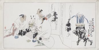 AN EARLY TWENTIETH CENTURY CHINESE INK AND WATERCOLOUR ON PAPER, hand scroll depicting four
