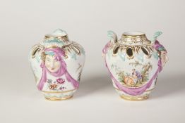 A PAIR OF NINETEENTH CENTURY BERLIN PORCELAIN POT POURRI VASES, (minus covers), the ogee