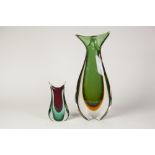 SEGUSO, MURANO SOMMERSO GLASS LARGE FORKED VASE, in green and amber, 15 3/4" (40cm) high, TOGETHER