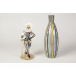 TWO PIECES OF CENEDESE, MURANO MULTI COLOURED RIBBON STANDING wearing a white hat, 8 3/4" (22.2cm)