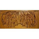 MODERN ORIENTAL WELL CARVED WALL HANGING WOODEN PANEL with a dignitary and female attendants, 19 1/