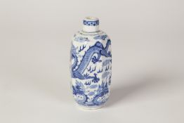 A CHINESE PORCELAIN OCTAGONAL SNUFF BOTTLE (minus stopper), finely painted in underglaze blue with