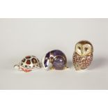 THREE MODERN ROYAL CROWN DERBY ANIMAL PATTERN IMARI CHINA PAPERWEIGHTS, with gilt stoppers