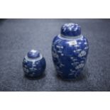 LATE 19th CENTURY CHINESE GOOD SIZE BLUE AND WHITE PRUNUS BLOSSOM DECORATED JAR WITH COVER 12" (30.