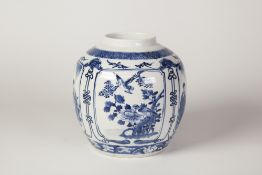 A NINETEENTH CENTURY CHINESE PORCELAIN BLUE AND WHITE GINGER JAR (minus cover), painted with