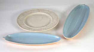 GRADUATED PAIR OF POOLE POTTERY MOULDED CORN ON THE COB DISHES pale blue and pink glazed, 12 1/2" (