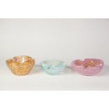 THREE BAROVIER AND TOSO, MURANO COLOURED GLASS BOWLS, COMPRISING; a SHAPED OVAL PALE TURQUOISE