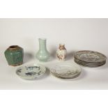 TWELVE PIECES OF ORIENTAL PORCELAIN AND POTTERY, COMPRISING; A BLUE, PART GLAZED FLORAL MOULDED