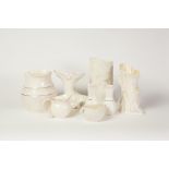 EIGHT PIECES OF 1950's AND LATER BELLEEK PORCELAIN, COMPRISING; CORNUCOPIA VASE, 5" (12.7cm) high,