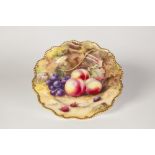 AN EARLY 20TH CENTURY ROYAL WORCESTER PORCELAIN GILT GADROON EDGED PLATE painted andother with fruit