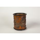 TWENTIETH CENTURY CHINESE CARVED BAMBOO BRUSH POT, decorated in high relief with figures and