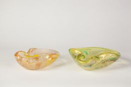 TWO FRATELLI TOSO MURANO COLOURED GLASS BOWLS, of shallow shaped oval form, COMPRISING; a yellow,