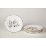 A SET OF SIX NINETEENTH CENTURY PORCELAIN TEA PLATES, each transfer printed in black and an