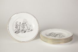 A SET OF SIX NINETEENTH CENTURY PORCELAIN TEA PLATES, each transfer printed in black and an