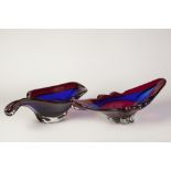 TWO FULVIO BIANCONI FOR MAZZEGO COLOURED GLASS BOWLS, each of shaped oval form, both worked in