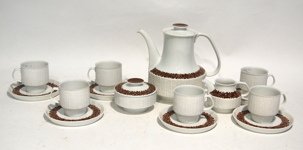 15 piece 1950's THOMAS, GERMAN PORCELAIN COFFEE SERVICE FOR SIX PERSONS, with brown printed stylized