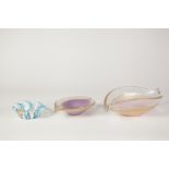 THREE PIECES OF SALVIATI, MURANO COLOURED GLASS BOWLS, COMPRISING; A SMALL RIBBON BOWL in blue and