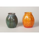 TWO PILKINGTONS ROYAL LANCASTRIAN POTTERY OVOID HEXAFOIL SHAPE VASES, one with turquoise streaked '