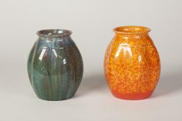TWO PILKINGTONS ROYAL LANCASTRIAN POTTERY OVOID HEXAFOIL SHAPE VASES, one with turquoise streaked '