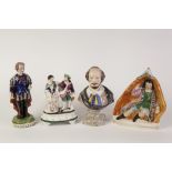 FOUR PIECES OF STAFFORDSHIRE POTTERY TO INCLUDE; FLAT BACK 'BONNIE PRINCE CHARLIE', TWO WILLIAM