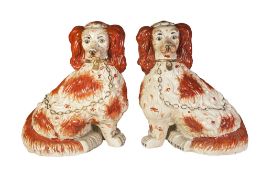 A PAIR OF TWENTIETH CENTURY VICTORIAN STYLE UNUSUALLY LARGE FLOOR STANDING 'STAFFORDSHIRE' SPANIELS,