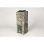 TROIKA, CORNWALL, TALL RECTANGULAR MOULDED POTTERY VASE, painted in blue with abstract and geometric