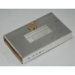 ASPREY, LONDON SILVER PRESENTATION LARGE MATCH BOX HOLDER, oblong with engine turned top and base,
