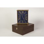 JAEGER Le COULTRE GILT METAL 'LAPIS LAZULI' QUARTZ MANTEL CLOCK, the oblong mottled blue dial with