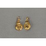 VICTORIAN PAIR OF 15ct GOLD DISC AND BUCKLE PATTERN DROP EARRINGS, 3.8 gms, in fitted brown