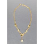 CHINESE MODERN GOLD COLOURED METAL TWO STRAND FINE CHAIN NECKLACE, the front with three clover