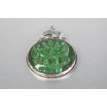 ANTIQUE CHINESE SILVER AND JADE LARGE CIRCULAR PENDANT, the circular emerald green jade panel, 3"