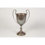 SILVER TWO HANDLE TENNIS TROPHY of goblet shape with disk knop stem stepped circular foot,