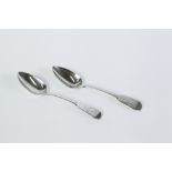 A PAIR OF GEORGE IV SILVER FIDDLE PATTERN TABLE SPOONS, THE HANDLES ENGRAVED WITH RED ENGLISH LETTER
