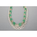 A GILT METAL AND GREEN HARDSTONE BEAD NECKLACE, TOGETHER WITH A 'Sterling' silver braided