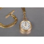 LADY'S 14k GOLD FOB WATCH, with keyless movement, white porcelain Roman dial wit gilt decoration,