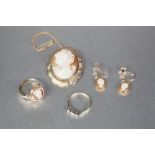 9ct GOLD AND CARVED SHELL CAMEO JEWELLERY, depicting a female head comprising A BROOCH, A RING AND A