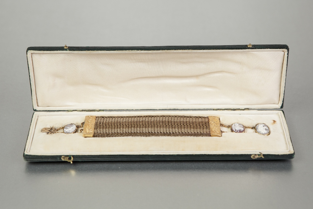 GEORGIAN BROAD, WOVEN HAIR BRACELET with engraved unmarked gold terminals and chain extensions - Image 2 of 2