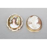 WELL CARVED OVAL SHELL CAMEO BROOCH, depicting a classical female head, in gold coloured metal frame