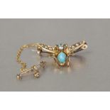 EDWARDIAN GOLD COLOUR METAL (UNMARKED) FLY BROOCH, with cabochon turquoise body and tiny eye, seed